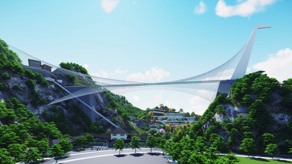 Cây cầu dây văng có độ dài khoảng 300m nối hai đỉnh núi là điểm nhấn đặc sắc Cây cầu dây văng có độ dài khoảng 300m nối hai đỉnh núi là điểm nhấn đặc sắc