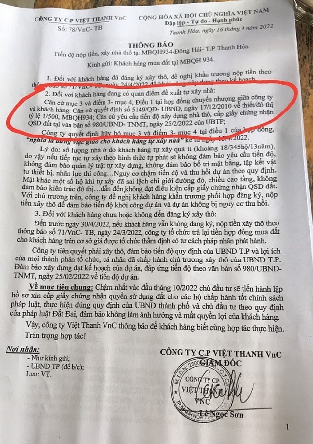 Thanh Hóa: Tổng Công ty Cổ phần Việt Thanh VNC vi phạm hợp đồng mua bán đất với khách hàng Thanh Hóa: Tổng Công ty Cổ phần Việt Thanh VNC vi phạm hợp đồng mua bán đất với khách hàng