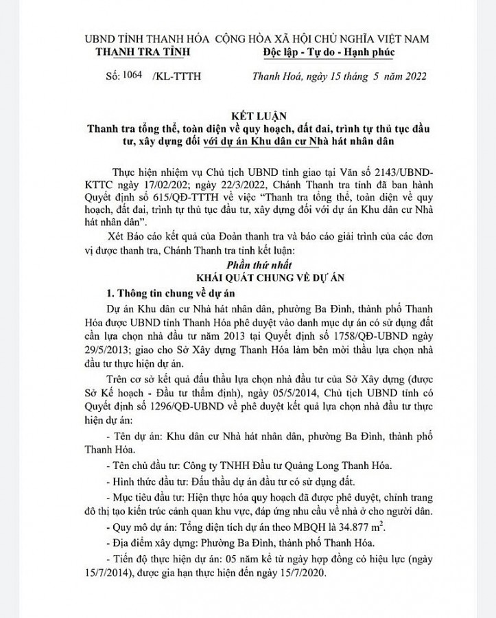 Thanh Hóa: Thanh tra tỉnh kiến nghị xử lý trách nhiệm tập thể, cá nhân liên quan đến Dự án Khu dân cư Nhà hát nhân dân Thanh Hóa: Thanh tra tỉnh kiến nghị xử lý trách nhiệm tập thể, cá nhân liên quan đến Dự án Khu dân cư Nhà hát nhân dân