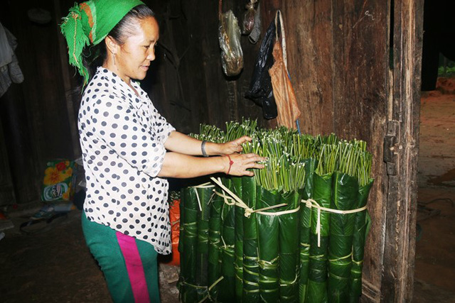 Chị Và Lìa Na đang sắp xếp lại số lá dong mà gia đình vừa hái được từ rừng về chuẩn bị bán cho thương lái. Ảnh: Phạm Hòa.