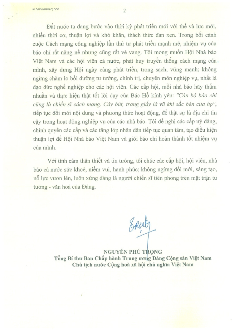 thu cua tong bi thu chu tich nuoc chuc mung 70 nam thanh lap hoi nha bao viet nam