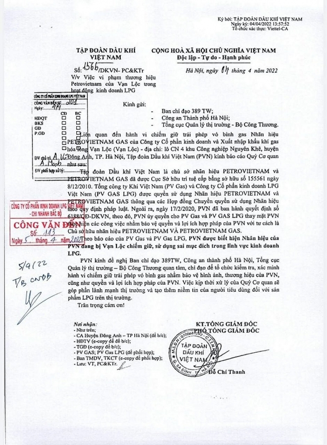 PVN tố cáo lên Ban chỉ đạo 389 quốc gia hành vi chiếm giữ trái phép vỏ bình gas PETROVIETNAM GAS PVN tố cáo lên Ban chỉ đạo 389 quốc gia hành vi chiếm giữ trái phép vỏ bình gas PETROVIETNAM GAS