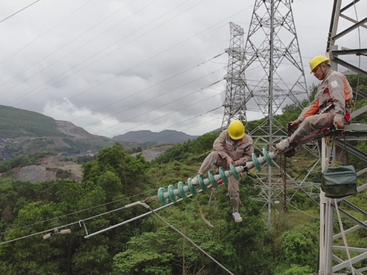 Công nhân Đội QLVHLĐ khắc phục khiếm khuyết đường dây 110 kV