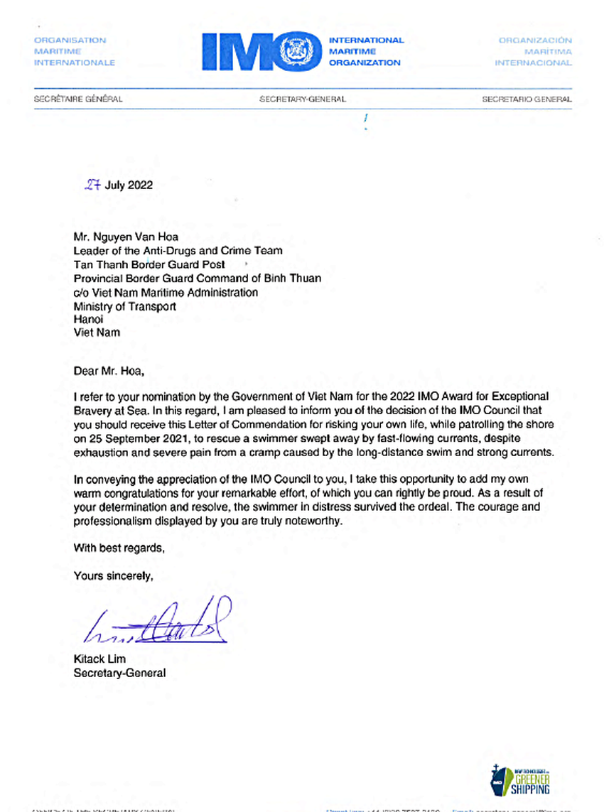 Tổ chức Hàng hải quốc tế gởi Thư khen Trung úy Biên phòng cứu người trên biển ảnh 4