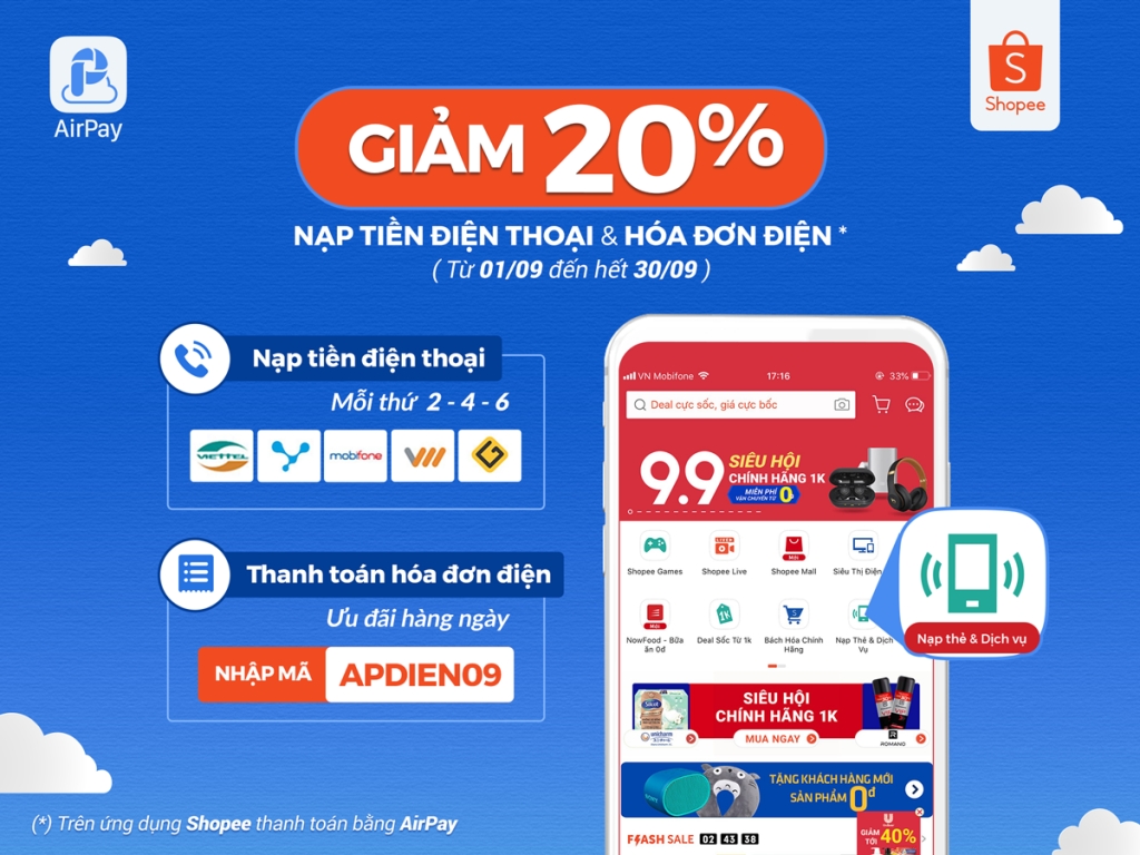 tiet kiem 20 khi nap tien thanh toan tren shopee voi airpay