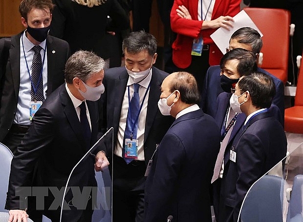 Chủ tịch nước Nguyễn Xuân Phúc và Ngoại trưởng Mỹ Antony Blinken tại phiên họp. Chủ tịch nước Nguyễn Xuân Phúc và Ngoại trưởng Mỹ Antony Blinken tại phiên họp.