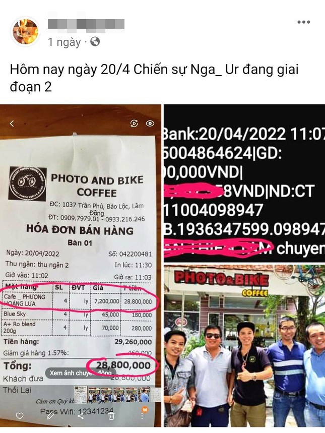 Hóa đơn tính tiền 4 ly cà phê “Phượng hoàng lửa” có giá 28,8 triệu đồng là do chủ quán tự in để câu view, câu like
