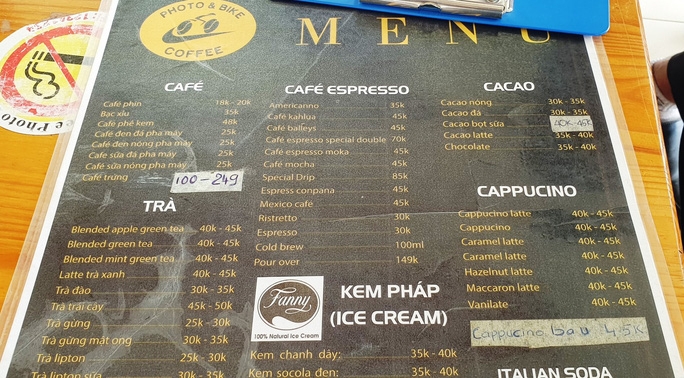 Tại thời điểm bị kiểm tra, menu của quán không có cà phê Phượng Hoàng Lử