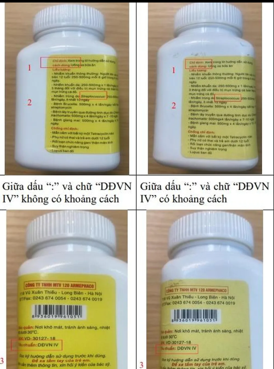 Cách phân biệt giữa sản phẩm thật (bên trái) và sản phẩm giả (bên phải) Cách phân biệt giữa sản phẩm thật (bên trái) và sản phẩm giả (bên phải)