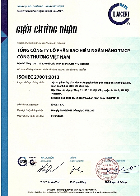 tong cong ty bao hiem dau tien duoc cap chung nhan he thong quan ly an toan thong tin