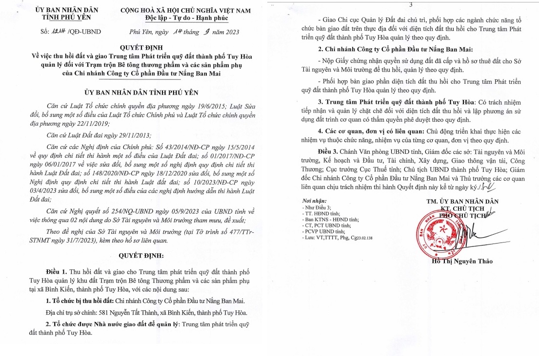 Phú Yên: Thu hồi đất Chi nhánh Công ty Cổ phần Đầu tư Nắng Ban Mai