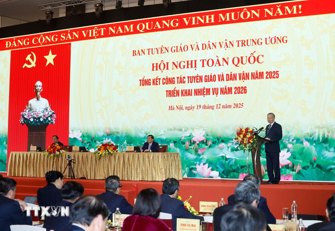 Tổng Bí thư Tô Lâm tại Hội nghị toàn quốc tổng kết công tác Tuyên giáo và Dân vận năm 2025.