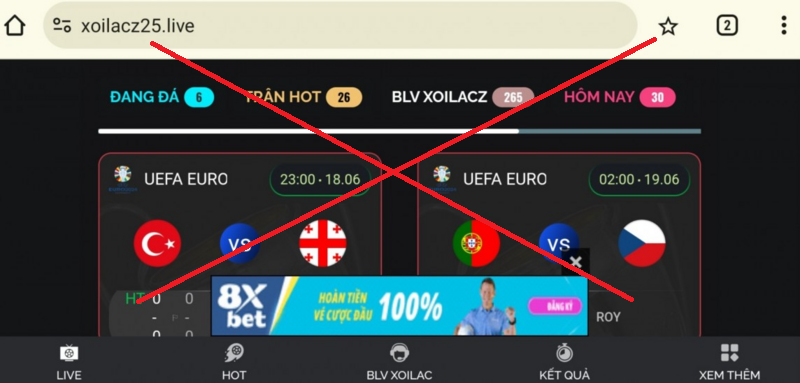 Website ''lậu'' "Xôi Lạc TV" quảng cáo cá cược bóng đá. Ảnh chụp màn hình