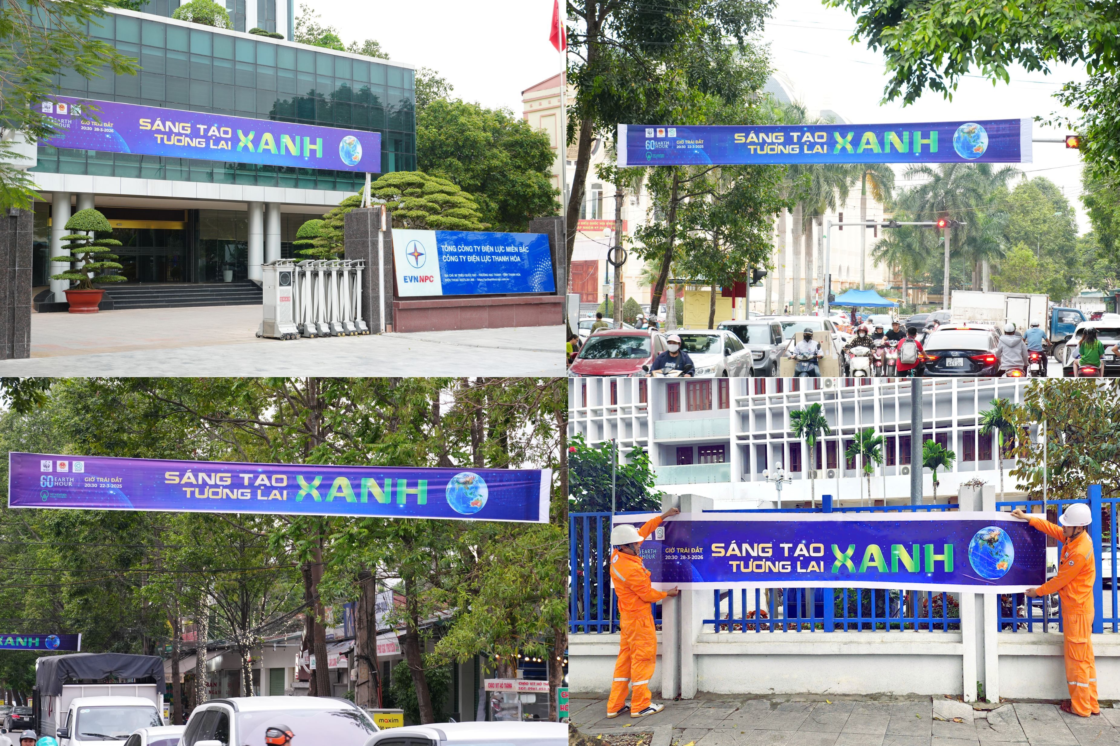 Hàng loạt băng rôn, khẩu hiệu được treo tại trụ sở Công ty Điện lực Thanh Hóa và trên khắp các tuyến đường, nhằm hưởng ứng Giờ Trái đất năm 2026. Ảnh: Quốc Anh