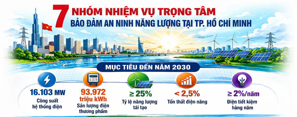 Infographic: 7 nhóm nhiệm vụ trọng tâm bảo đảm an ninh năng lượng tại TP. Hồ Chí Minh