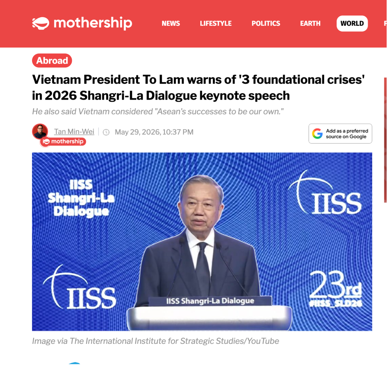 Mothership.sg (Singapore) tường thuật chi tiết Tổng Bí thư, Chủ tịch nước Tô Lâm phát biểu dẫn đề khai mạc Đối thoại Shangri-La lần thứ 23. Ảnh chụp lại từ Mothership.sg