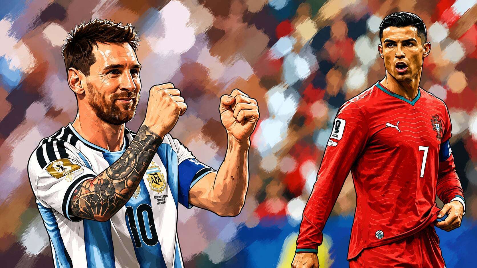 Lionel Messi và Cristiano Ronaldo - hai số phận, hai trạng thái đối lập giữa kỳ World Cup lịch sử. Ảnh: Do AI khởi tạo