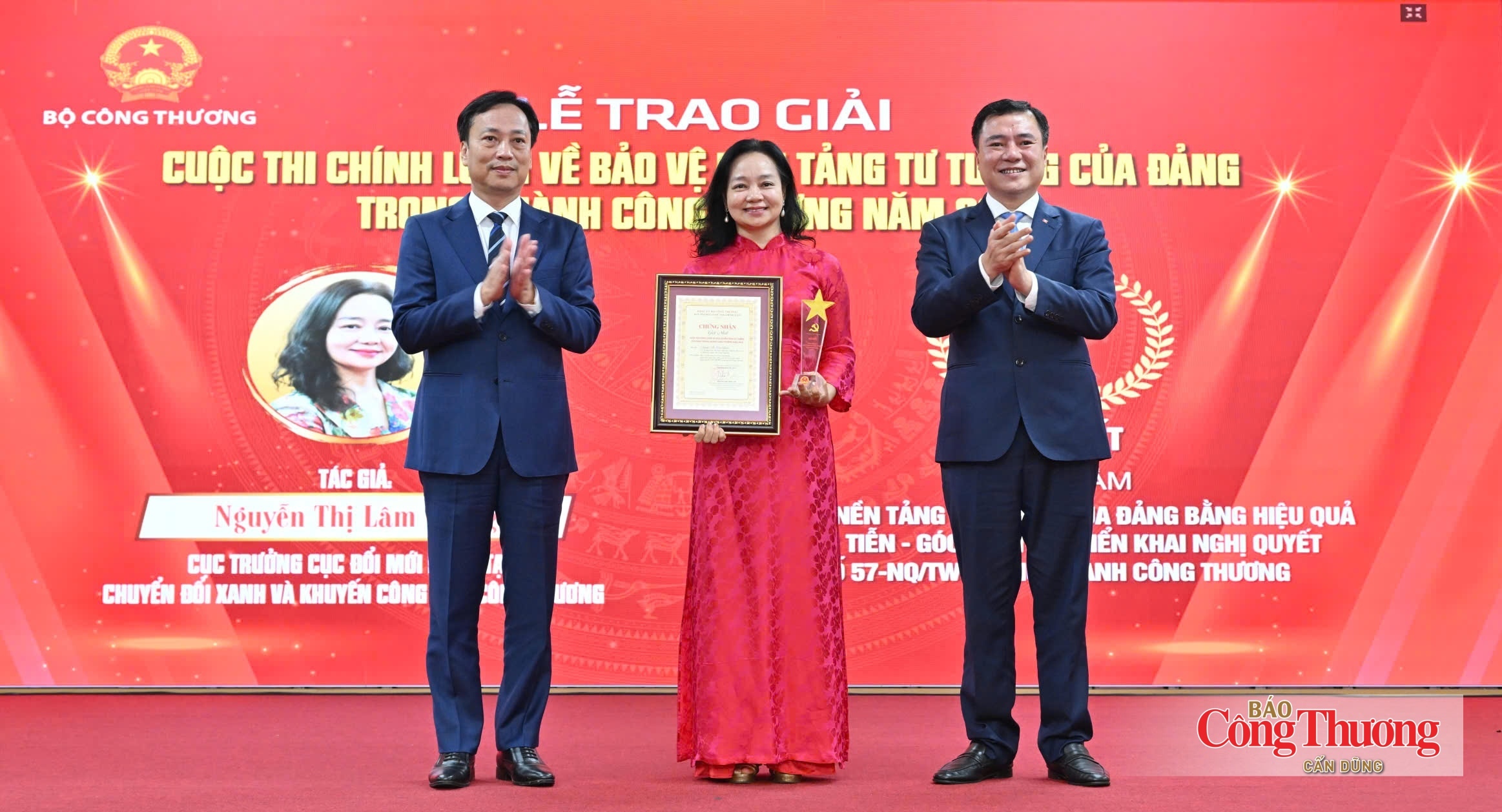 Giải Nhất thuộc về tác phẩm “Bảo vệ nền tảng tư tưởng của Đảng bằng hiệu quả thực tiễn - góc nhìn từ triển khai Nghị quyết số 57-NQ/TW trong ngành Công Thương” của tác giả Nguyễn Thị Lâm Giang, Cục trưởng Cục Đổi mới sáng tạo, Chuyển đổi xanh và Khuyến công (Bộ Công Thương).