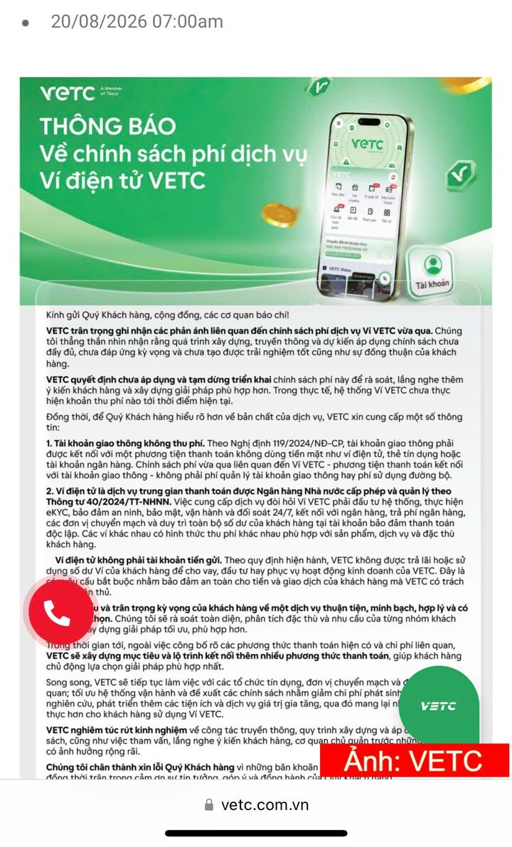 VETC thông báo tạm dừng triển khai chính sách phí dịch vụ ví điện tử VETC. Ảnh: VETC