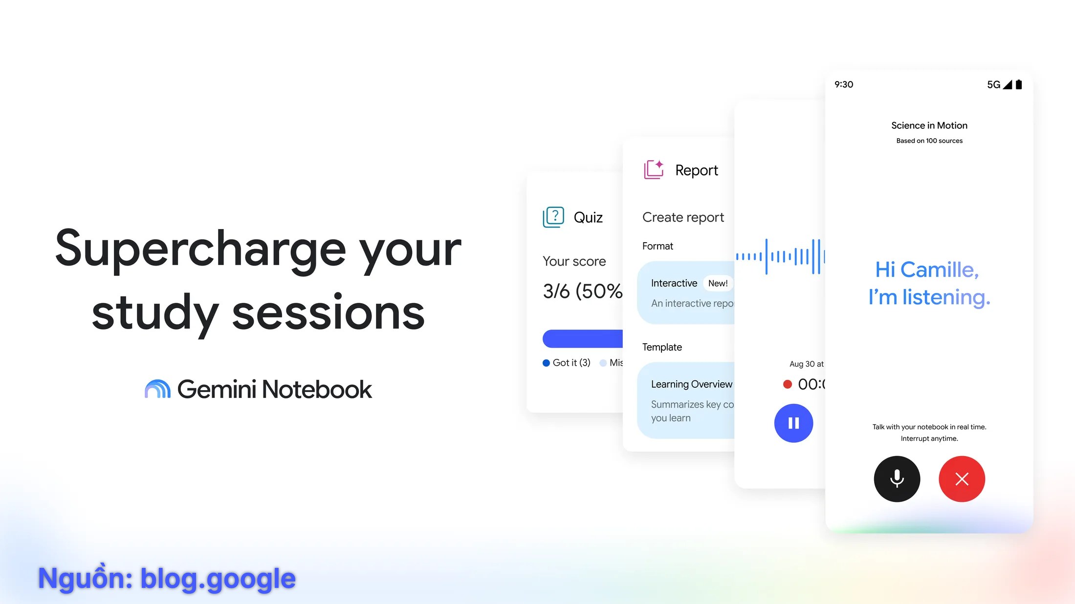 Gemini Notebook thêm ghi âm bài giảng, hỏi đáp bằng giọng nói cho người học.