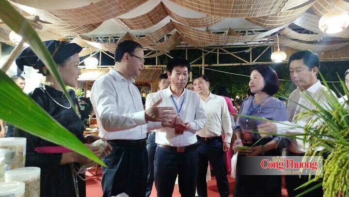 Ông Nguyễn Mạnh Tuấn (đứng thứ 2 từ trái qua), Phó Chủ tịch Thường trực UBND tỉnh Tuyên Quang, Trưởng ban Tổ chức Festival nông sản, OCOP, làng nghề gắn kết du lịch Tuyên Quang năm 2026 tham quan gian hàng tại sự kiện.
