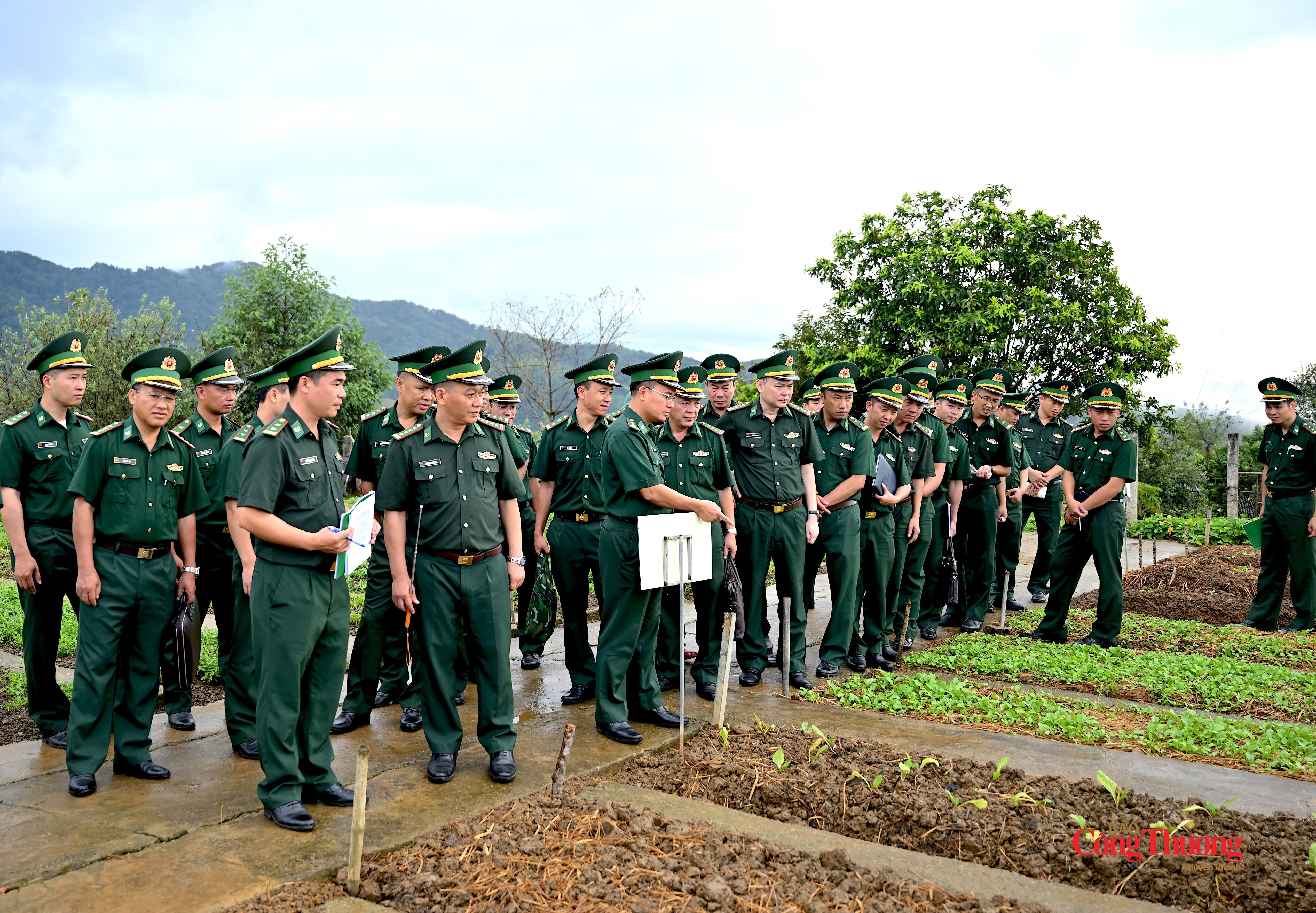 Đại tá Trương Minh Đức, Chỉ huy trưởng Ban Chỉ huy Bộ đội Biên phòng tỉnh Lai Châu (hàng trên cùng, thứ 2 từ trái qua) cùng đoàn công tác kiểm tra vườn tăng gia - mô hình trồng rau của cán bộ, chiến sĩ Đồn Biên phòng Sin Suối Hồ.